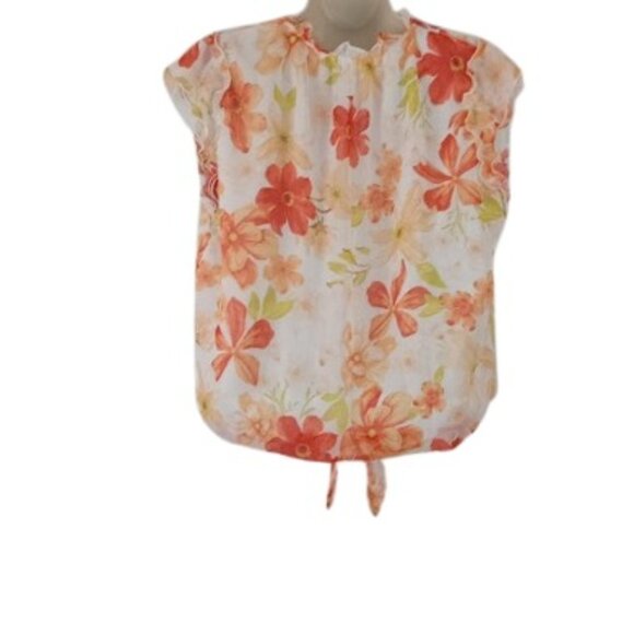 Haver + Blair London Womens Blouse Cream Coral Floral Tie Hem Ruffled Chiffon L - Picture 3 of 3